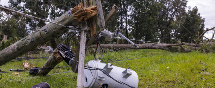 Aftermath of natural disaster: broken telephone poles and damaged electric fuse box after storm in Steinhatchee, North Florida.