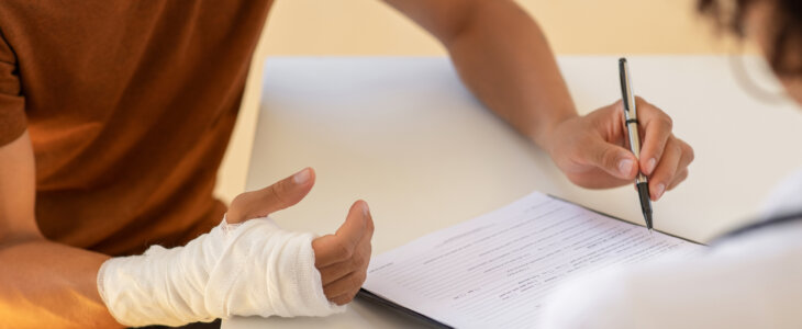 Man with broken arm filling health insurance claim form. Accident insurance disability compensation