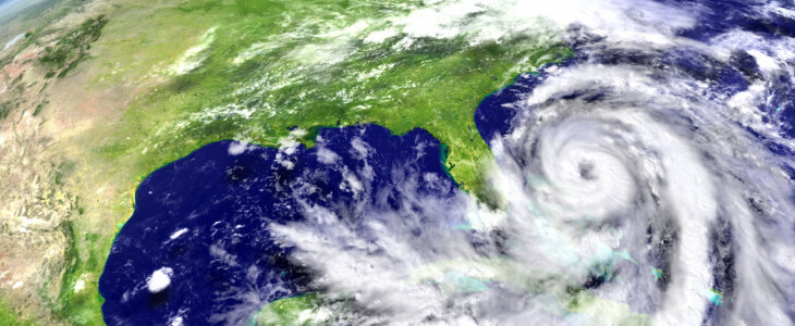 Satellite view of disastrous hurricane approaching Florida in America. 3D illustration. 3D model of planet created and rendered in Cheetah3D software, 9 Mar 2017. Some layers of planet surface use textures furnished by NASA, Blue Marble collection: http://visibleearth.nasa.gov/view_cat.php?categoryID=1484