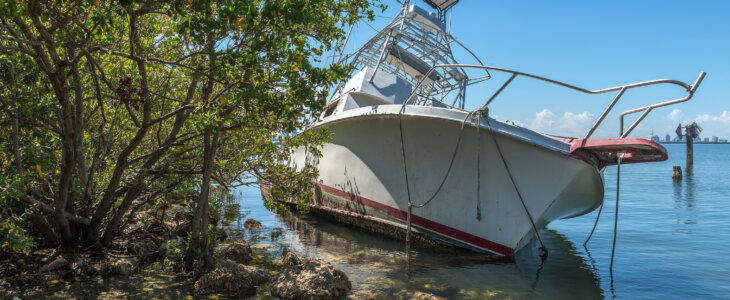 Boat damaged and abandoned by the passage of a cyclone in Miami.