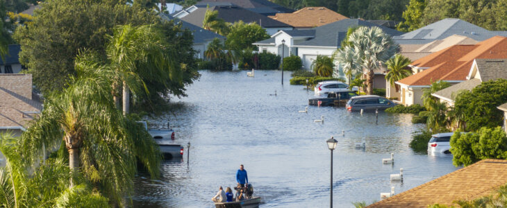 Flooded houses from hurricane Debby rainfall water in Laurel Meadows community in Sarasota, Florida. Aftermath of natural disaster in USA south. Sarasota, USA - August 6, 2024.