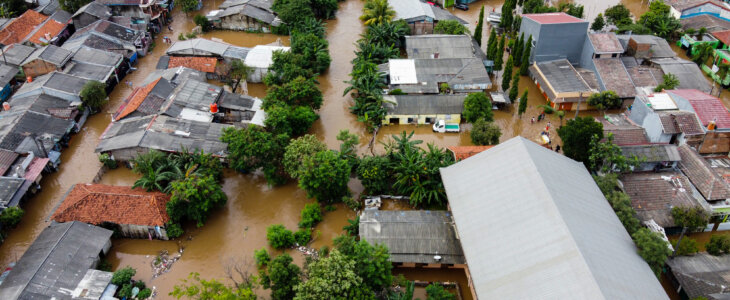 Aerial POV view Depiction of flooding. devastation wrought after massive natural disasters