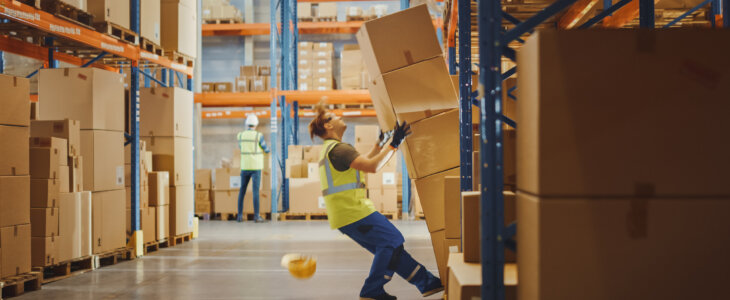 Shot of a Warehouse Worker Has Work Related Accident. He is Falling Down BeforeTrying to Pick Up Heavy Cardboard Box from the Shelf. Hard Injury at Work.