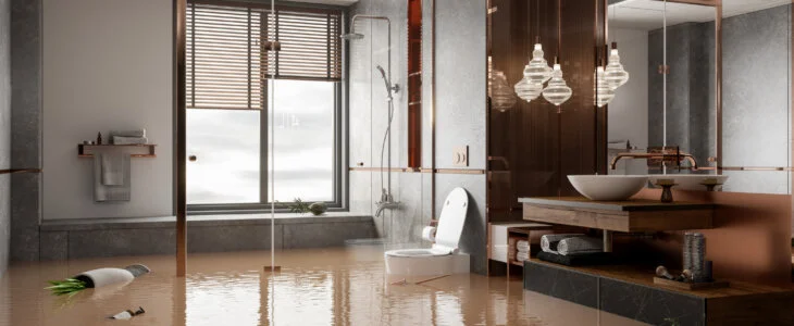 Flooded Bathroom With Potted Plants Floating On Water
